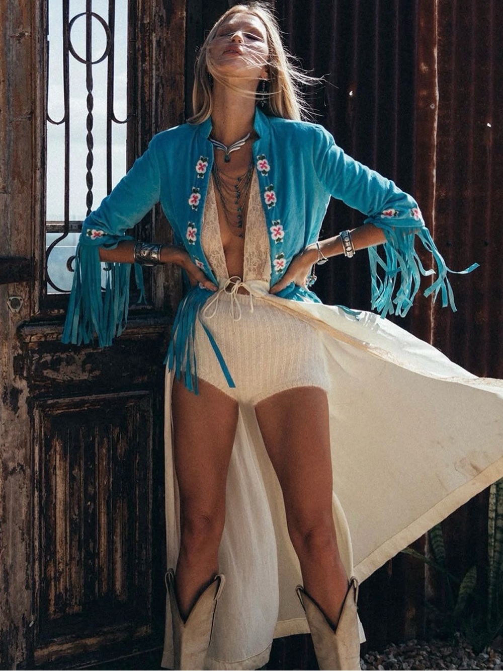 New Chasing Unicorns blue velvet suede western star fringe jacket - Picture 2 of 11